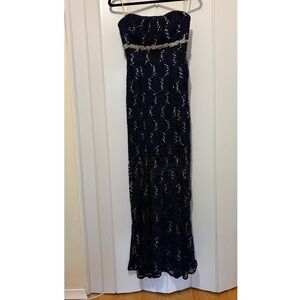 My Michelle Navy Blue Lace Sequin Strapless Maxi Dress with Rhinestone Waist